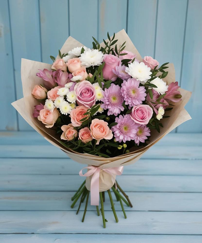 Букет цветов из: Хризантемы, Розы и Альстромерии в Поселок имени Степана Разина