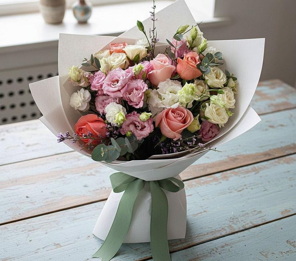 Букет цветов из: Розы, Лизиантусы и Гвоздики в Поселок имени Степана Разина