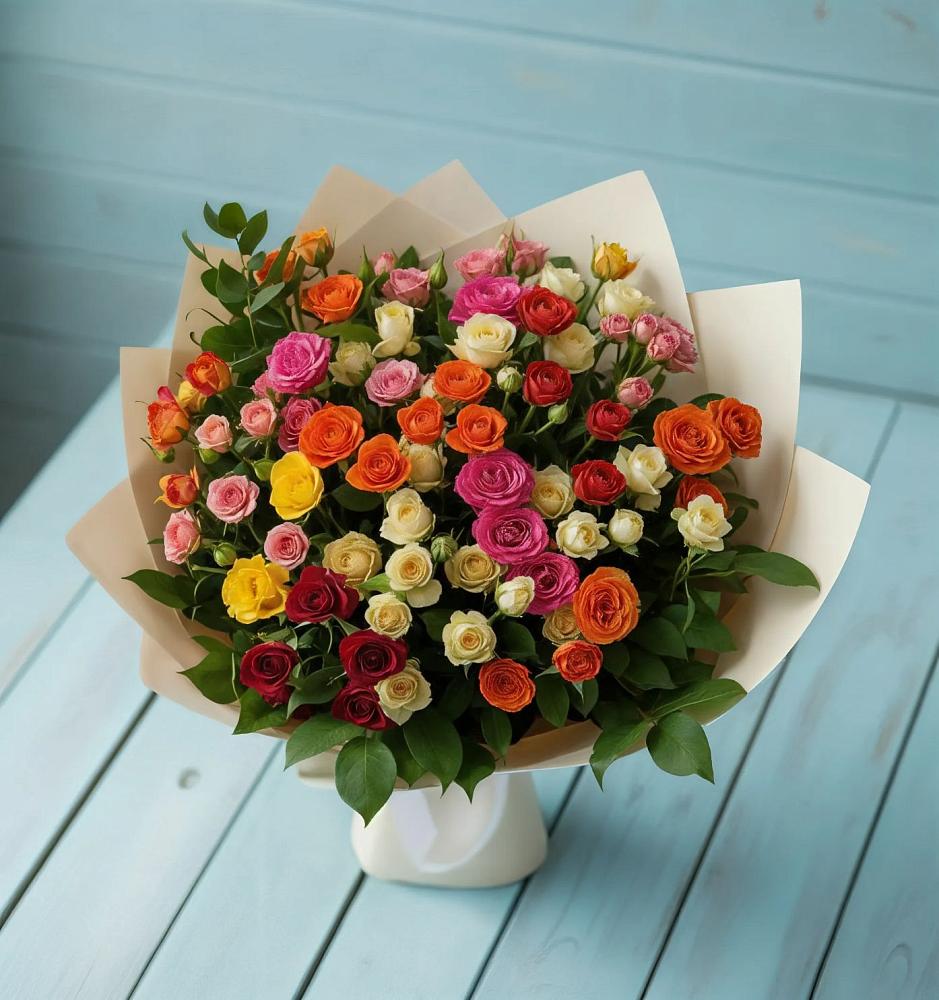 Букет Микс из разноцветных кустовых роз в Поселок имени Степана Разина
