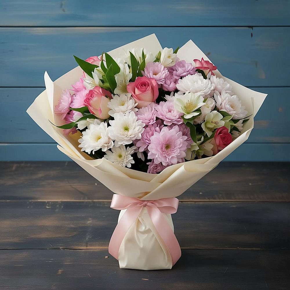 Букет цветов из: Хризантемы, Альстромерии и Розы в Поселок имени Степана Разина